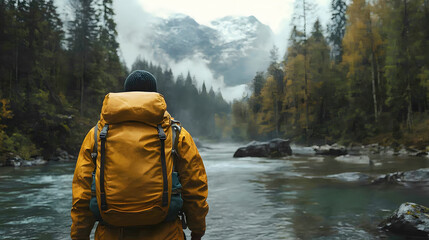 Poster - A person stands by a river, surrounded by lush forests and misty mountains, wearing a yellow backpack, immersed in nature's tranquility