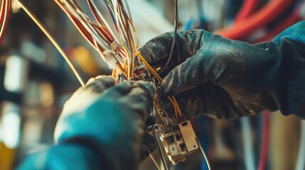 Aufkleber - An electrical wire repair underway, with frayed wire connections being secured by electrical tape, showing a practical and safe fix in action.