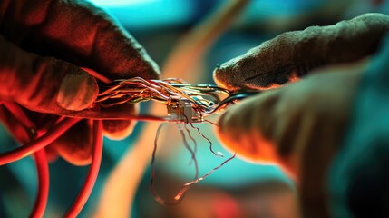 Aufkleber - An electrical wire repair underway, with frayed wire connections being secured by electrical tape, showing a practical and safe fix in action.