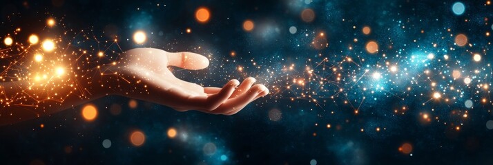 Poster - Hand Reaching Out To Glowing Network On Dark Blue Background Data, Technology, Innovation Concept