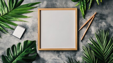 Fototapete - Blank canvas surrounded by tropical leaves and stationery inviting creativity and inspiration in a serene environment. Generative AI