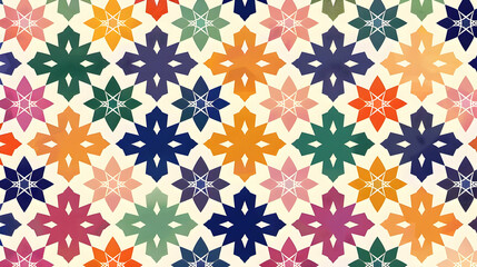 Poster - Colorful floral pattern featuring various geometric flowers on a light background, ideal for textiles