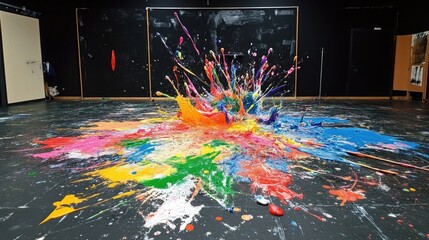 Poster - Bright, bold paint splashes in multiple colors create an energetic and artistic abstract scene on a dark black studio floor.