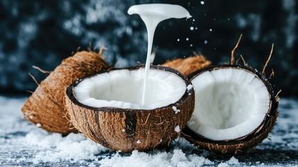 Poster - Coconut halves spilling milk onto a white surface, with a tropical aesthetic that brings a sense of freshness and natural beauty.