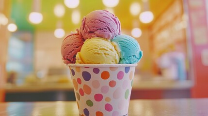 Poster - Colorful scoops of ice cream in a paper cup, featuring a rainbow of flavors and textures perfect for a refreshing treat.