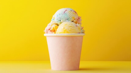 Poster - Colorful scoops of ice cream in a paper cup, featuring a rainbow of flavors and textures perfect for a refreshing treat.