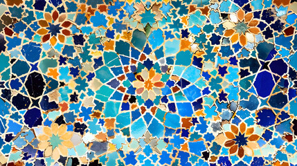 Poster - Vibrant geometric mosaic featuring intricate blue and orange floral patterns in a serene setting