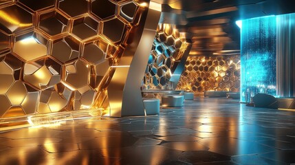Poster - D-shaped hexagonal patterns form a futuristic landscape, with metallic reflections and vibrant highlights for a cutting-edge design.
