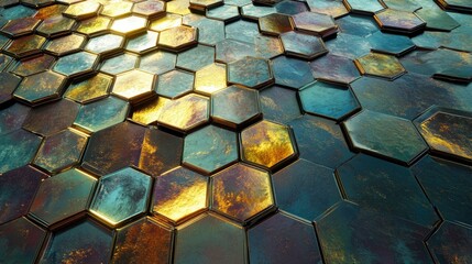 Poster - D-shaped hexagonal patterns form a futuristic landscape, with metallic reflections and vibrant highlights for a cutting-edge design.