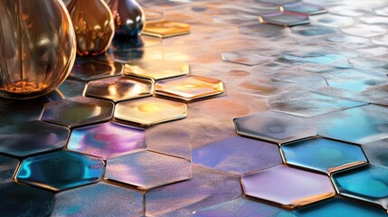Poster - D-shaped hexagonal patterns form a futuristic landscape, with metallic reflections and vibrant highlights for a cutting-edge design.