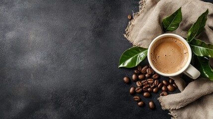 Leinwandbilder - Rich coffee cup rests on textured fabric alongside coffee beans and leaves in a cozy setting perfect for warm moments. Generative AI