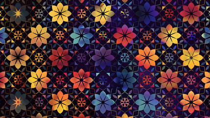 Poster - Vibrant floral pattern featuring colorful flowers on a dark background, suitable for textiles
