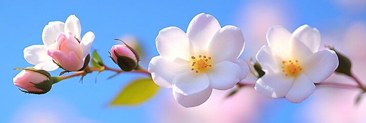 Canvas Print - Blooming White Roses, Yellow Centered, with Delicate Buds, Against a Soft Blue Sky on a Sunny Day