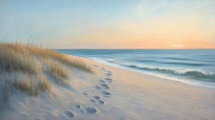 Poster - Footprints in the sand stretch toward the sunrise, with the calm ocean in the background and the soft hues of the early morning light.