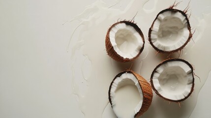 Poster - Fresh coconut halves with milk flowing out onto a white background, evoking the smooth, refreshing feeling of the tropics.