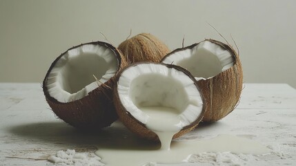 Poster - Fresh coconut halves with milk spilling out onto a white surface, evoking the refreshing vibe of a tropical island.