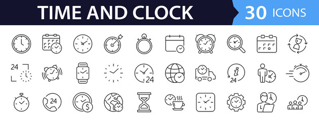 Poster - Time and Clock set of web icons in line style. Time management. Timer, Speed, Date, Countdown, Alarm, Recovery, Time, clock, watch, calendar simple icons for web and mobile app. Vector illustration