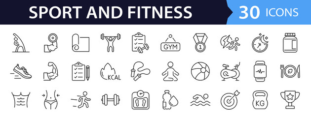 Sport and Fitness set of web icons in line style. Gym and health care. Healthy lifestyle icons. Nutrition and dieting, training, body care, healthy food, workout, muscle, weight and more