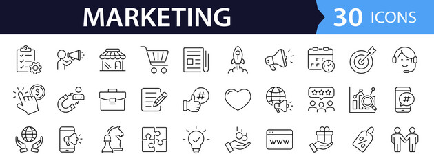 Poster - Digital Marketing set of web icons in line style. Marketing icons for web and mobile app. Sales, e-commerce, SEO, business, feedback, analytics, ads, communication, content. Vector illustration