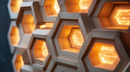 Aufkleber - Interlocking hexagonal shapes illuminated by soft light, creating a complex and futuristic design with a digital edge.