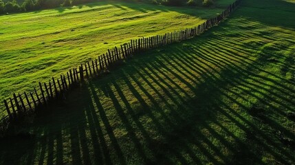 Poster - Long shadows of a wooden fence stretch across a lush green field as the first rays of the morning sun bathe the landscape.
