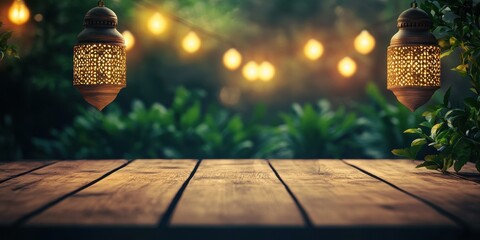 Poster - Warm Evening Glow in a Lush Garden with Hanging Lanterns and Wooden Table