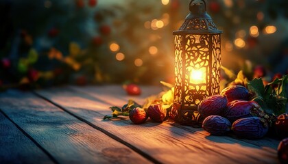 Wall Mural - warm glow of lantern light on rustic wooden table with autumn berries