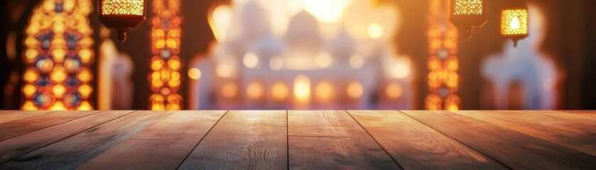 Poster - Warm Golden Glow Wooden Table with Blurred Mosque Background