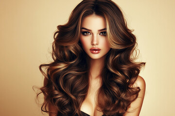 Poster - Beautiful model with voluminous hair against a neutral background