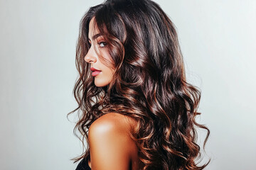 Poster - Beautiful young woman with long wavy hair shown from side