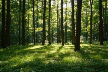 Aufkleber - Sunlight filters through a lush forest creating a serene and tranquil atmosphere in daytime. Generative AI