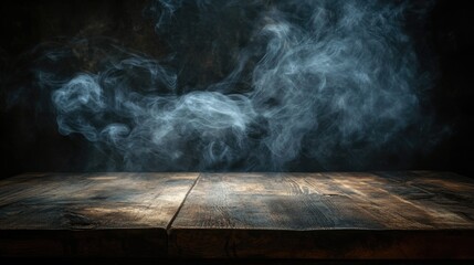 Aufkleber - Smoky tendrils swirl around a rustic wooden tabletop against a dark background, creating an atmospheric and moody setting.