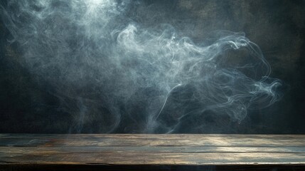 Aufkleber - Smoky tendrils swirl around a rustic wooden tabletop against a dark background, creating an atmospheric and moody setting.
