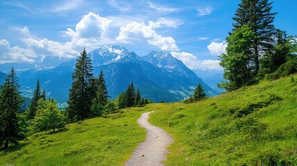 Aufkleber - Beautiful mountain landscape with a winding path and lush greenery under a bright blue sky in summer. Generative AI