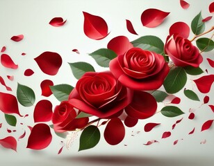 Wall Mural - red rose petals falling or floating in the air isolated on white background with green leaves generative ai