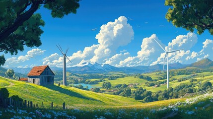 Poster - The contrast of a classic windmill and a modern wind turbine across a vibrant green valley, under a bright blue sky.