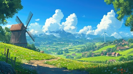 Poster - The contrast of a classic windmill and a modern wind turbine across a vibrant green valley, under a bright blue sky.