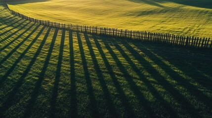 Aufkleber - The morning sun creates a beautiful pattern of shadows from a fence across a field of fresh grass, evoking peace and serenity.