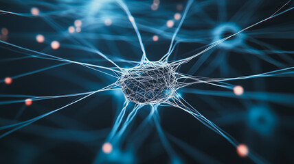Poster - Neural Network: A captivating micro view of a neuron cell, its intricate network of dendrites and axons branching out in a mesmerizing pattern,  evoking curiosity and wonder.  