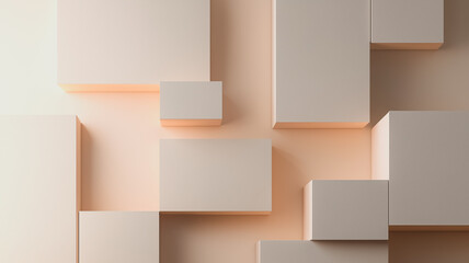 Poster - Abstract Geometric Composition: A minimalist abstract composition featuring a series of white rectangular boxes, their edges illuminated with a subtle, warm light, against a soft peach background.