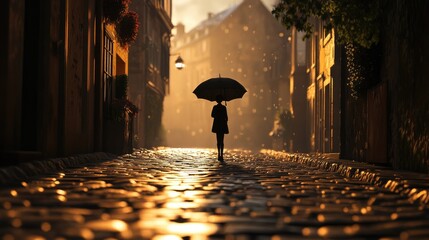 Poster - The silhouette of a person with an umbrella stretches across an empty cobblestone street, illuminated by the soft glow of the early morning sun.