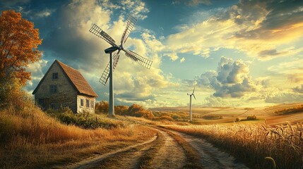 Poster - The size difference between a modern wind turbine and a traditional windmill is striking against a serene backdrop of rolling fields.