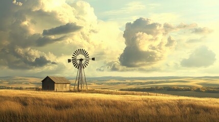 Poster - The size difference between a modern wind turbine and a traditional windmill is striking against a serene backdrop of rolling fields.