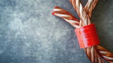 Poster - Two copper wires twisted together, insulated with red electrical tape, lying against a gray surface, highlighting industrial and electrical work.