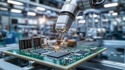 Aufkleber - robotic arm automates electronic assembly in high-tech facility close-up view of circuit board produ