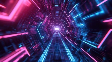 Poster - Vibrant cyan and magenta hexagonal shapes arranged in a layered design, creating a futuristic, dynamic effect.