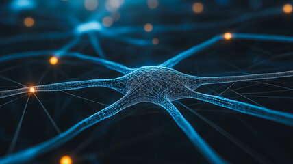Poster - Neural Network: A mesmerizing close-up of a neuron, the fundamental unit of the brain. The intricate network of dendrites and axons, illuminated by glowing nodes.