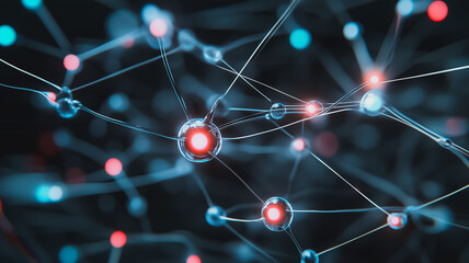Poster - interconnected network: abstract close-up of a complex network of glowing spheres, interconnected by
