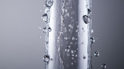 Poster - Water droplets forming on a cracked stainless steel pipe, cascading down with a soft gray backdrop, illustrating minor damage and leakage