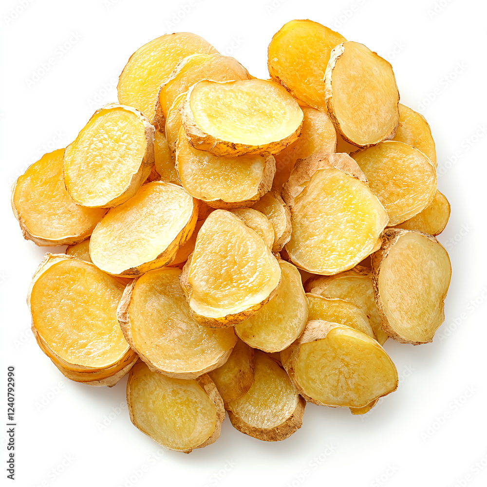Sliced ginger isolated on a white background, with studio lighting, in ...